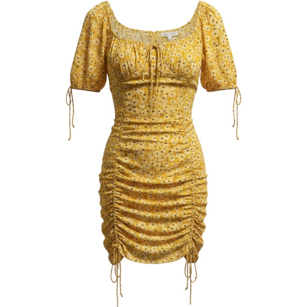 En Crème Floral Ruched Mini Dress Small Yellow Daisy Cottage Boho Coquette